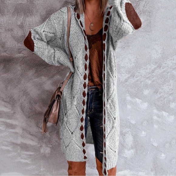 Bohemian Cable Knit Grey Lace Long Hood Gray Boho Grey Cardigan Elbow Patches - Picture 2 of 7